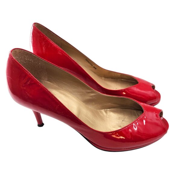 STUART WEITZMAN AUTH $399 Women Red Patent Leather Open Toe Linda Pump Size 9.5 - Picture 5 of 10
